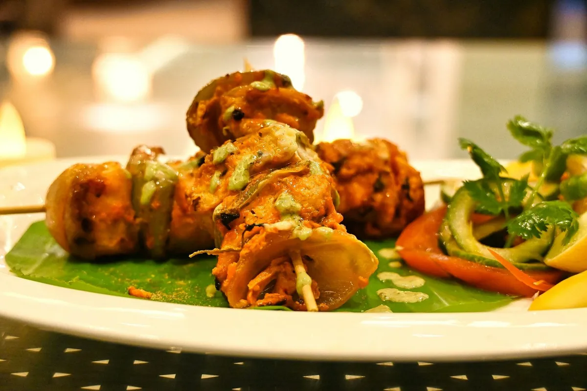 Air fryer paneer tikka skewers with capsicum and onion