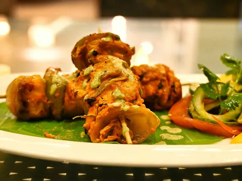 Air fryer paneer tikka skewers with capsicum and onion