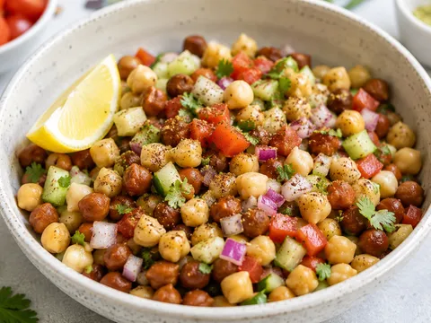 A bowl of chana chaat with onion, tomato, and coriander