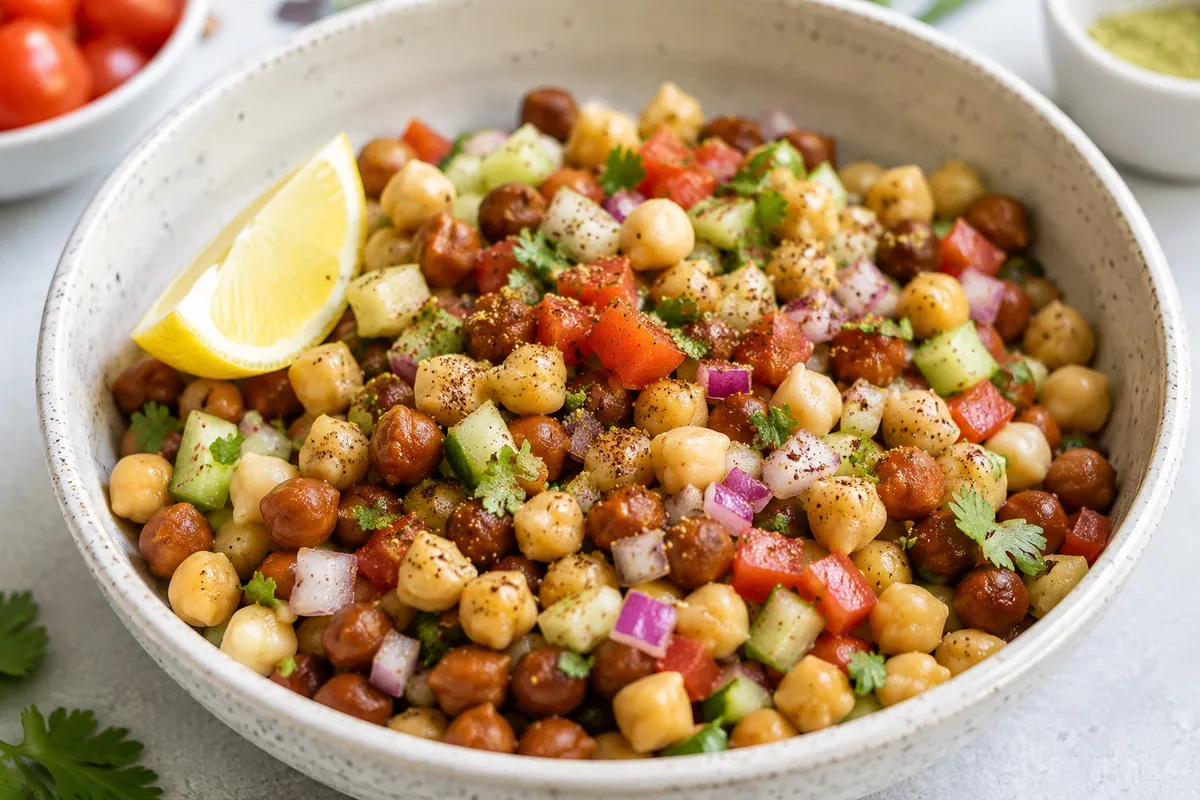 A bowl of chana chaat with onion, tomato, and coriander