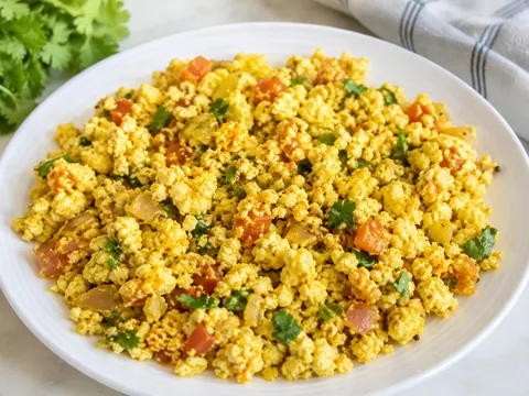 Scrambled paneer bhurji with onion and tomato in a pan