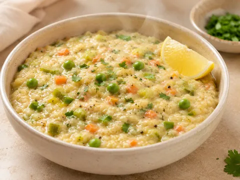 A bowl of savoury masala oats with vegetables
