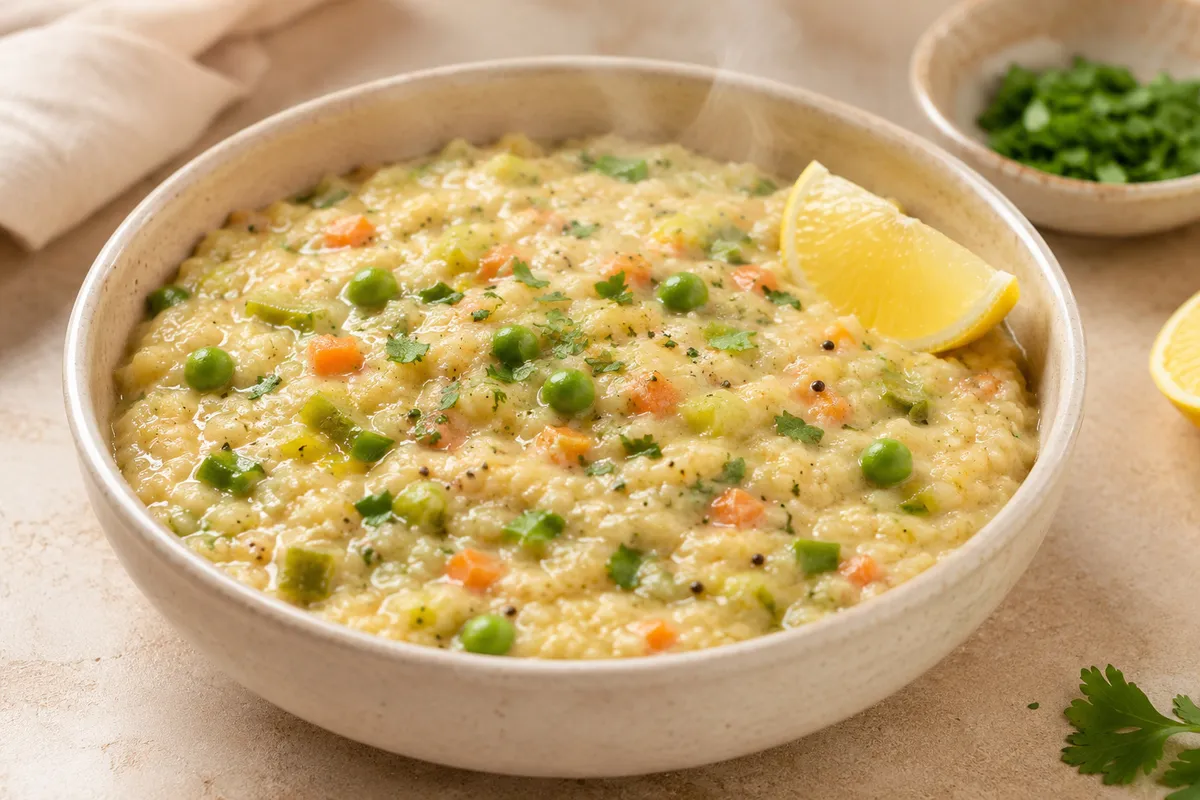 A bowl of savoury masala oats with vegetables