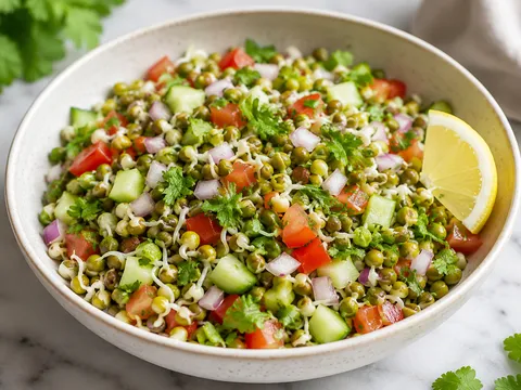 A bowl of moong sprouts chaat with chopped onion, tomato, and coriander