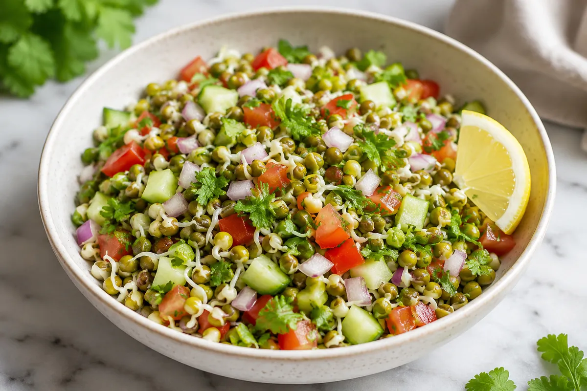 A bowl of moong sprouts chaat with chopped onion, tomato, and coriander